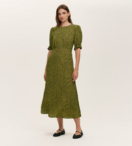 Mela Green Leopard Crepe Midi Tea Dress | Finery London Mela Green Leopard Crepe Midi Tea Dress | Finery London