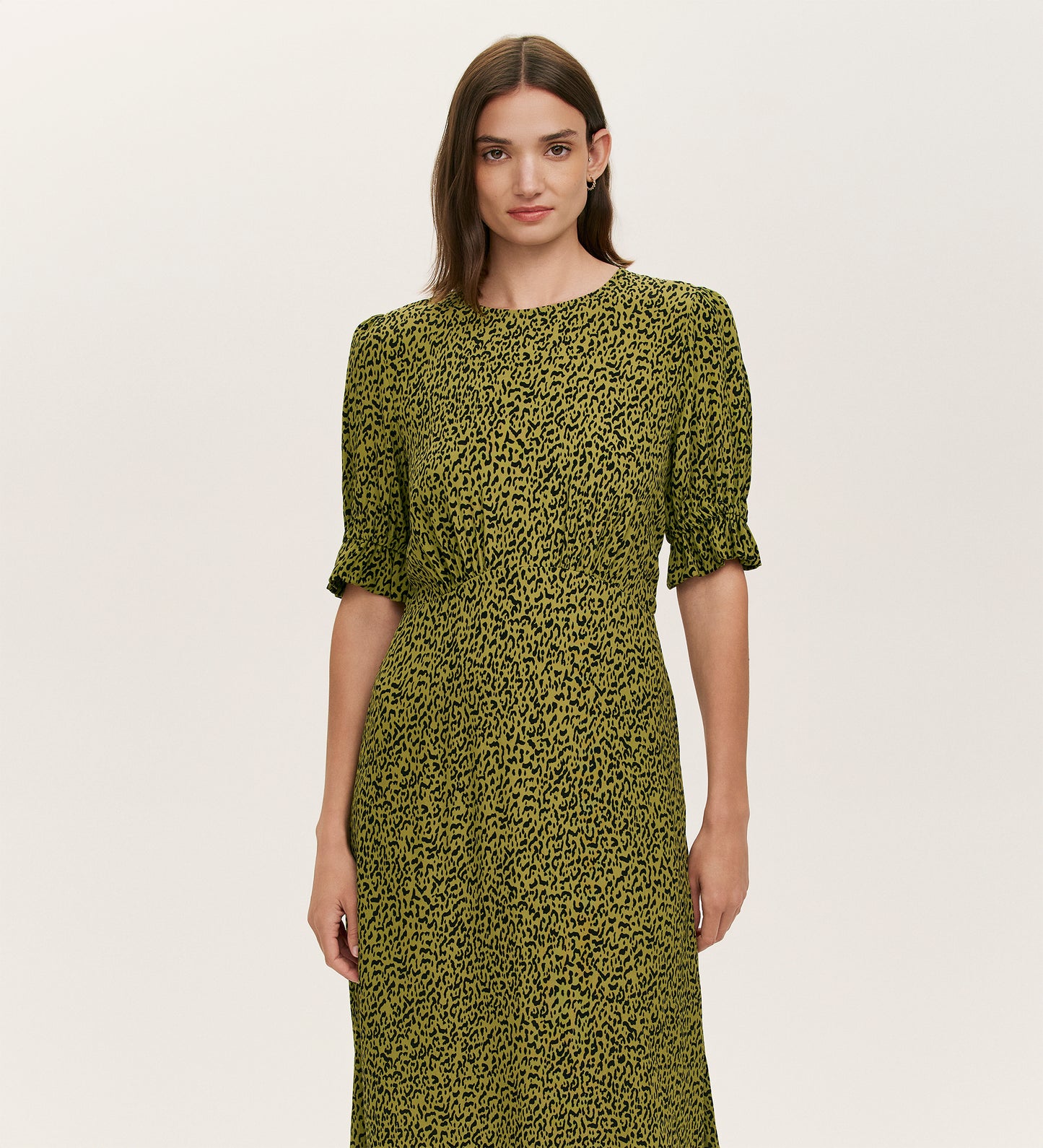Mela Green Leopard Crepe Midi Tea Dress