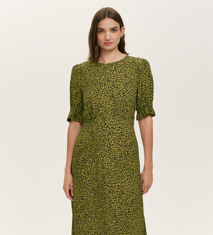 Mela Green Leopard Crepe Midi Tea Dress