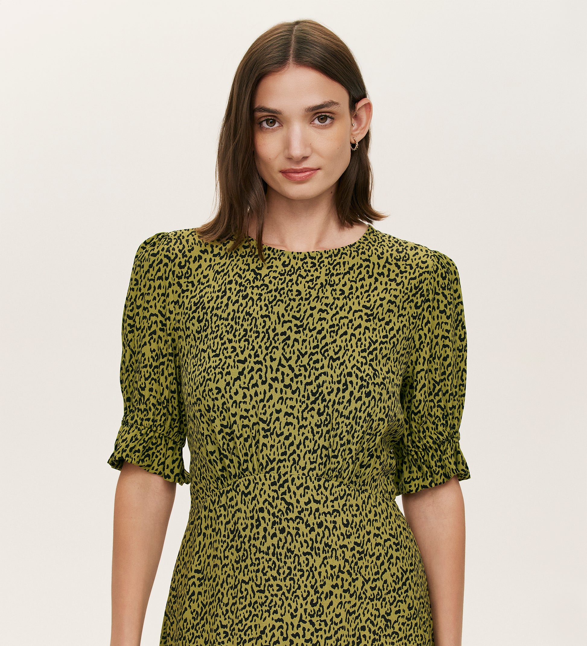 Mela Green Leopard Crepe Midi Tea Dress | Finery London Mela Green Leopard Crepe Midi Tea Dress | Finery London