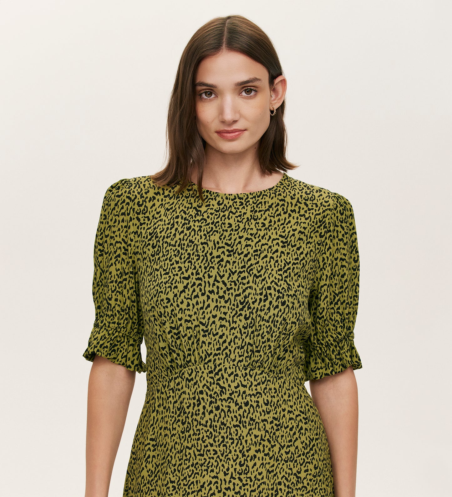 Mela Green Leopard Crepe Midi Tea Dress