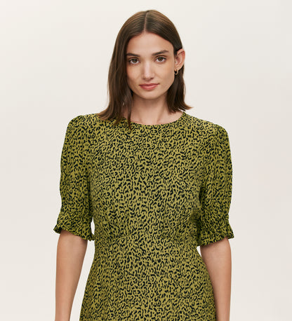 Mela Green Leopard Crepe Midi Tea Dress