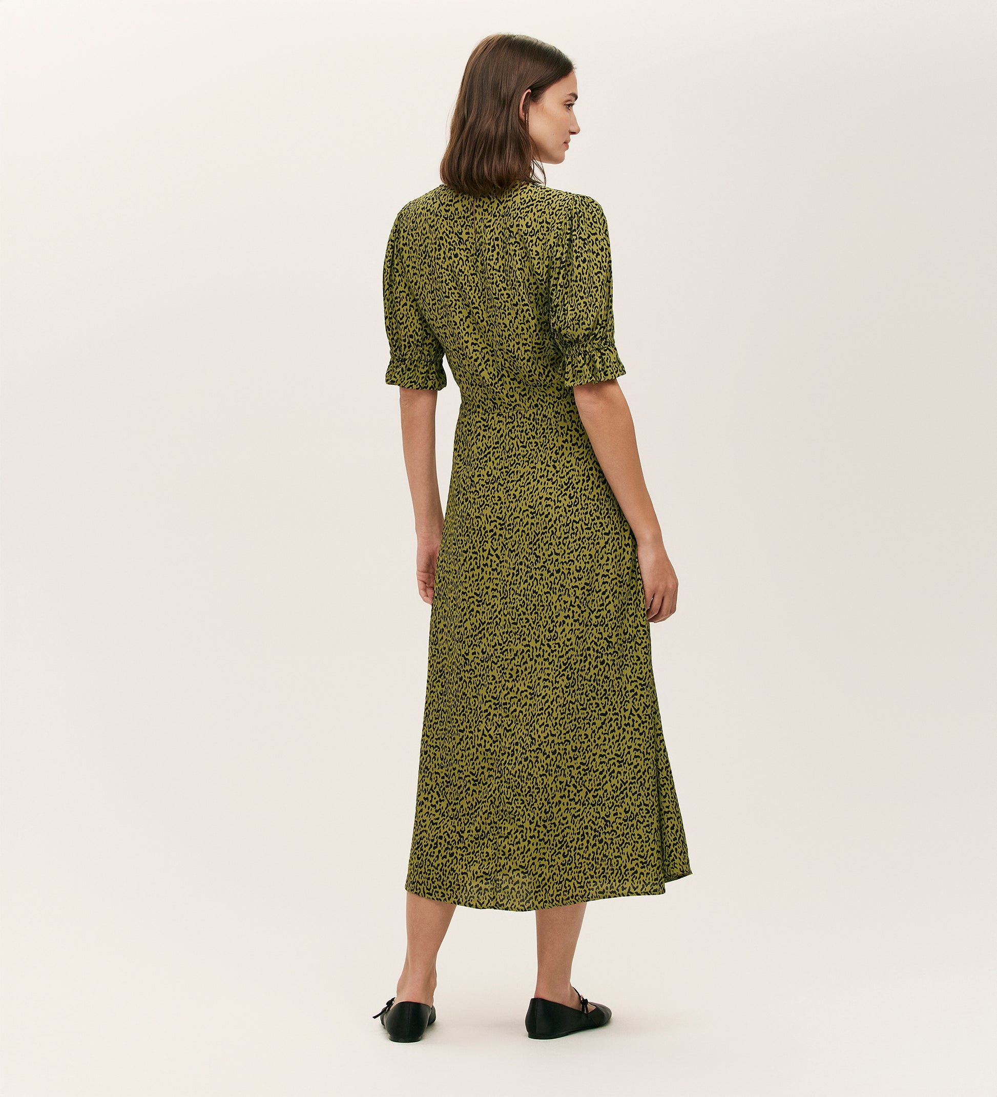 Mela Green Leopard Crepe Midi Tea Dress | Finery London Mela Green Leopard Crepe Midi Tea Dress | Finery London