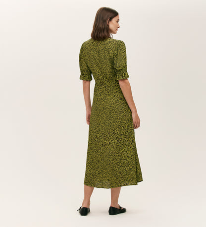 Mela Green Leopard Crepe Midi Tea Dress