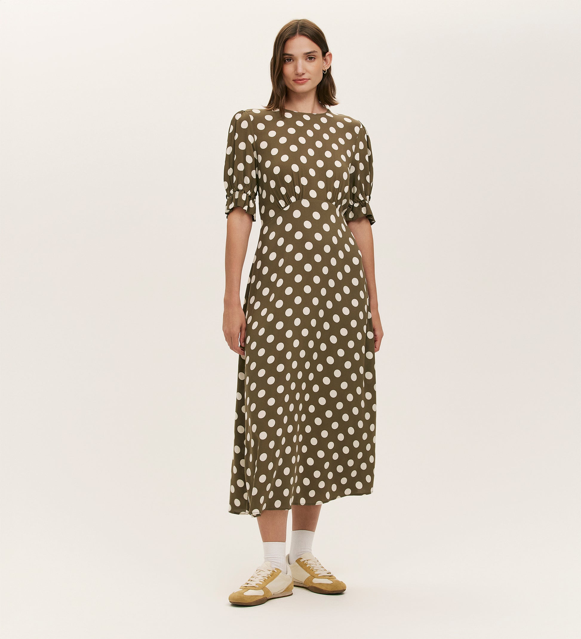 Green Polka Dot Dress | Khaki Midi Dress | Finery London Green Polka Dot Dress | Khaki Midi Dress | Finery London
