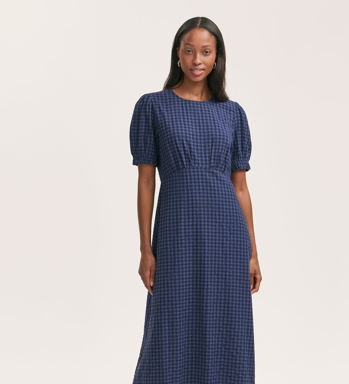 Mela Navy Gingham Seersucker Midi Dress