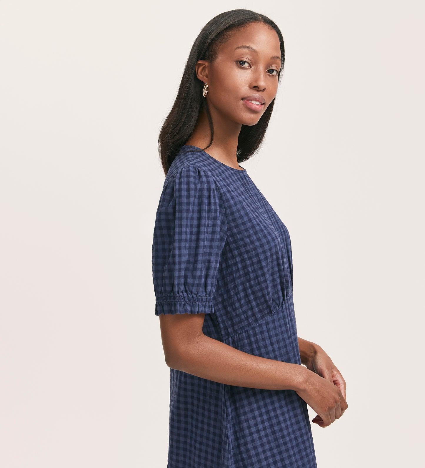 Mela Navy Gingham Seersucker Midi Dress