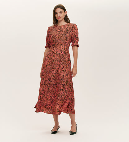 Mela Orange Leopard Crepe Midi Tea Dress
