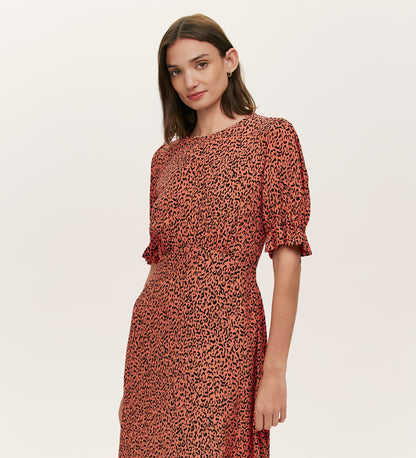 Mela Orange Leopard Crepe Midi Tea Dress