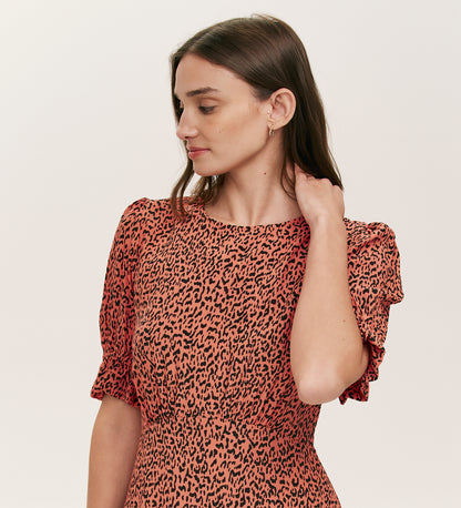 Mela Orange Leopard Crepe Midi Tea Dress