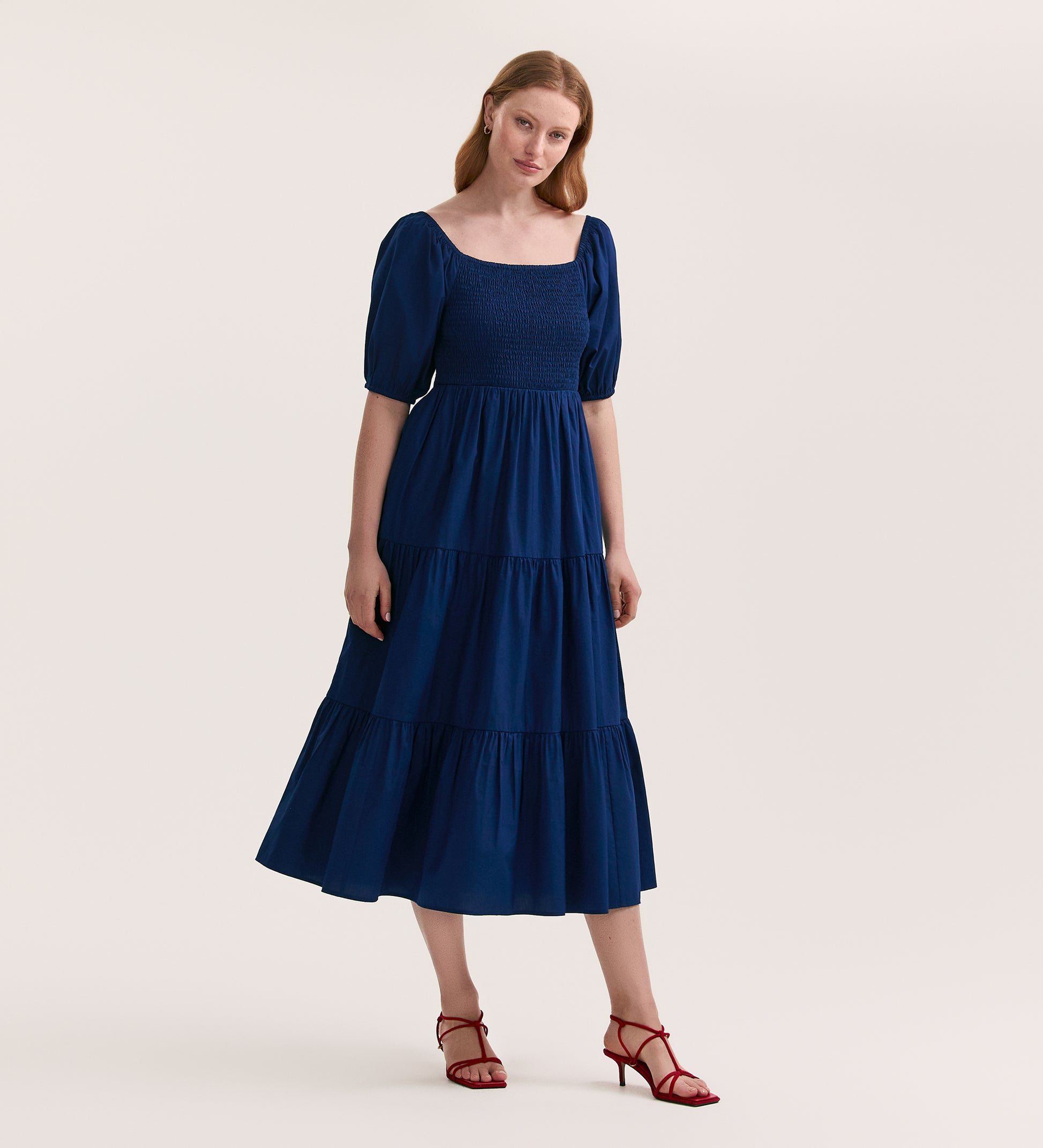 Melody Indigo Blue Cotton Midi Tiered Dress – Finery London