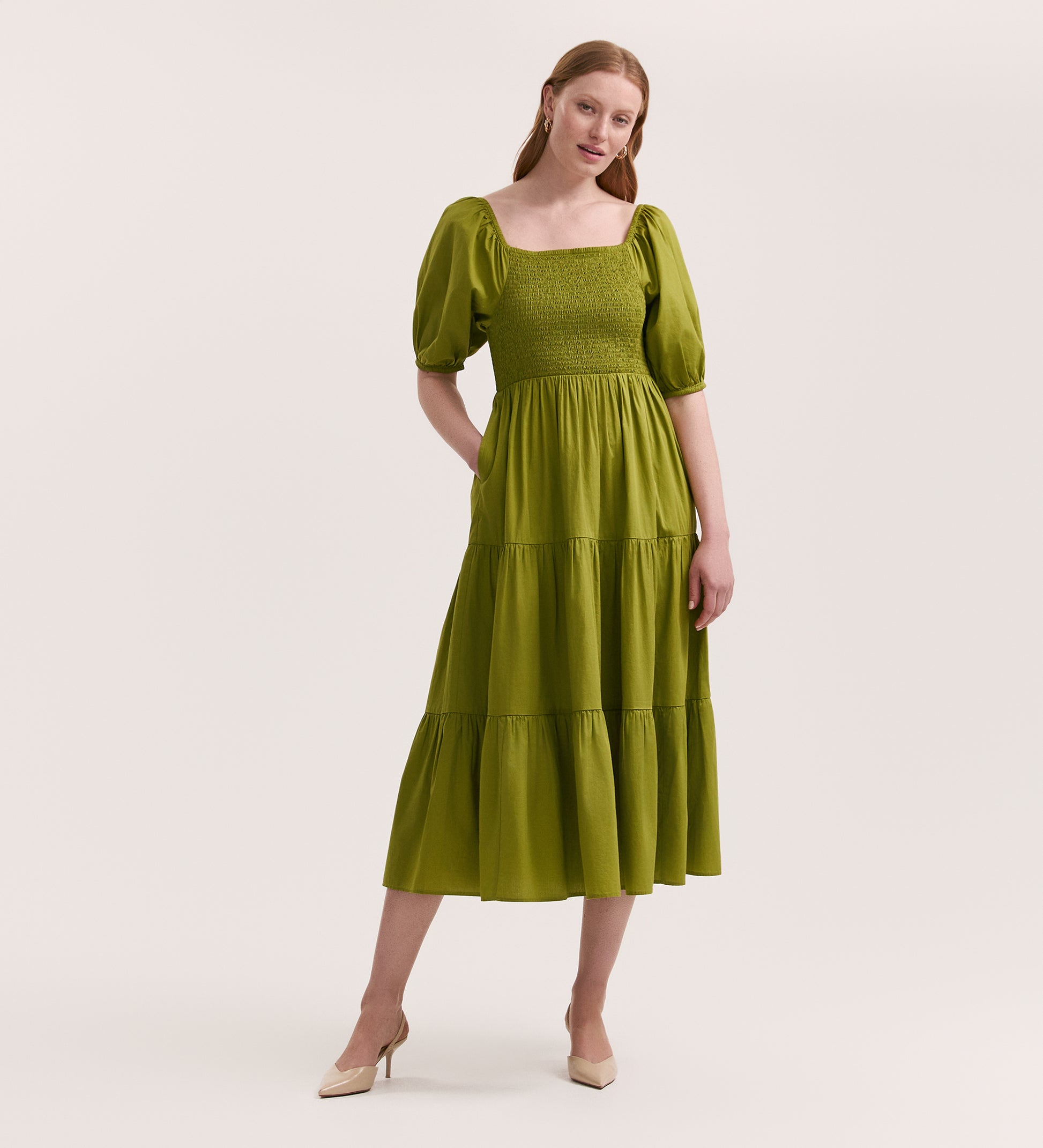 Melody Light Green Cotton Midi Tiered Dress – Finery London