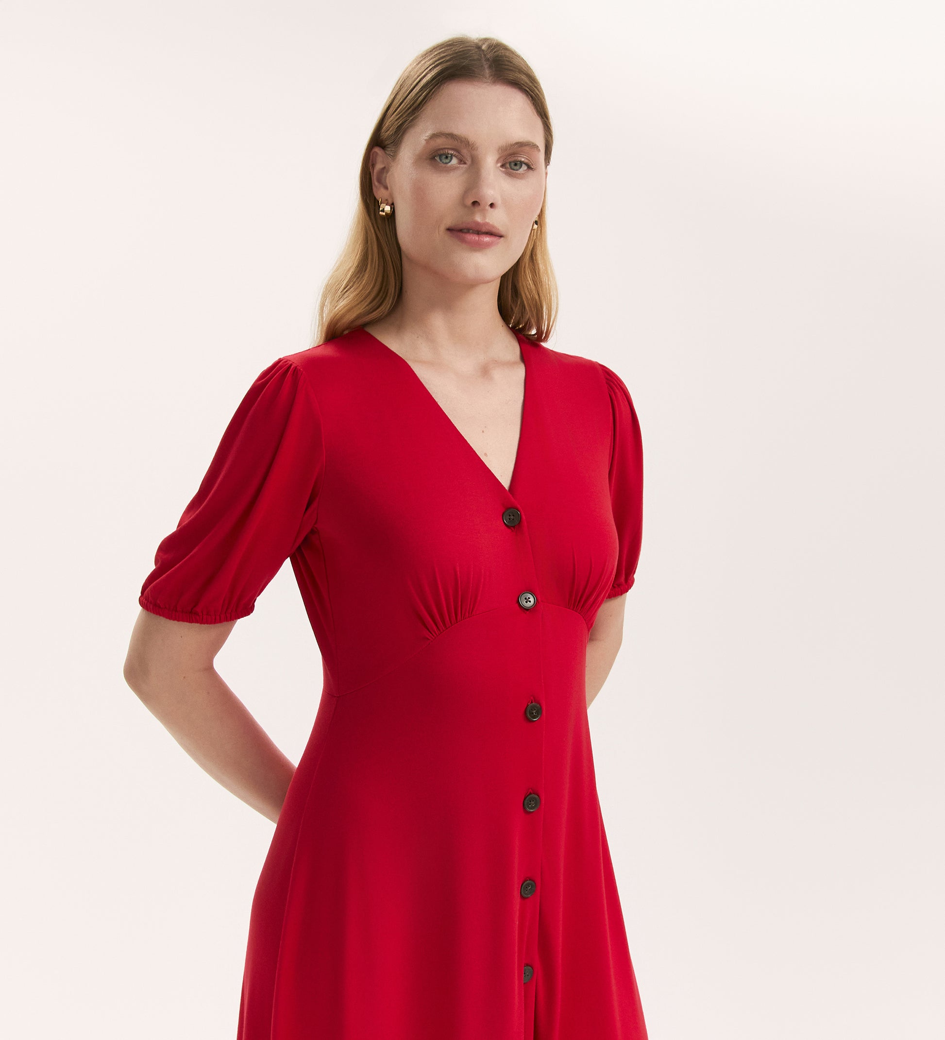 red dress with black buttons Riley Red Belted Button Up Short Dress | Women's Clothing