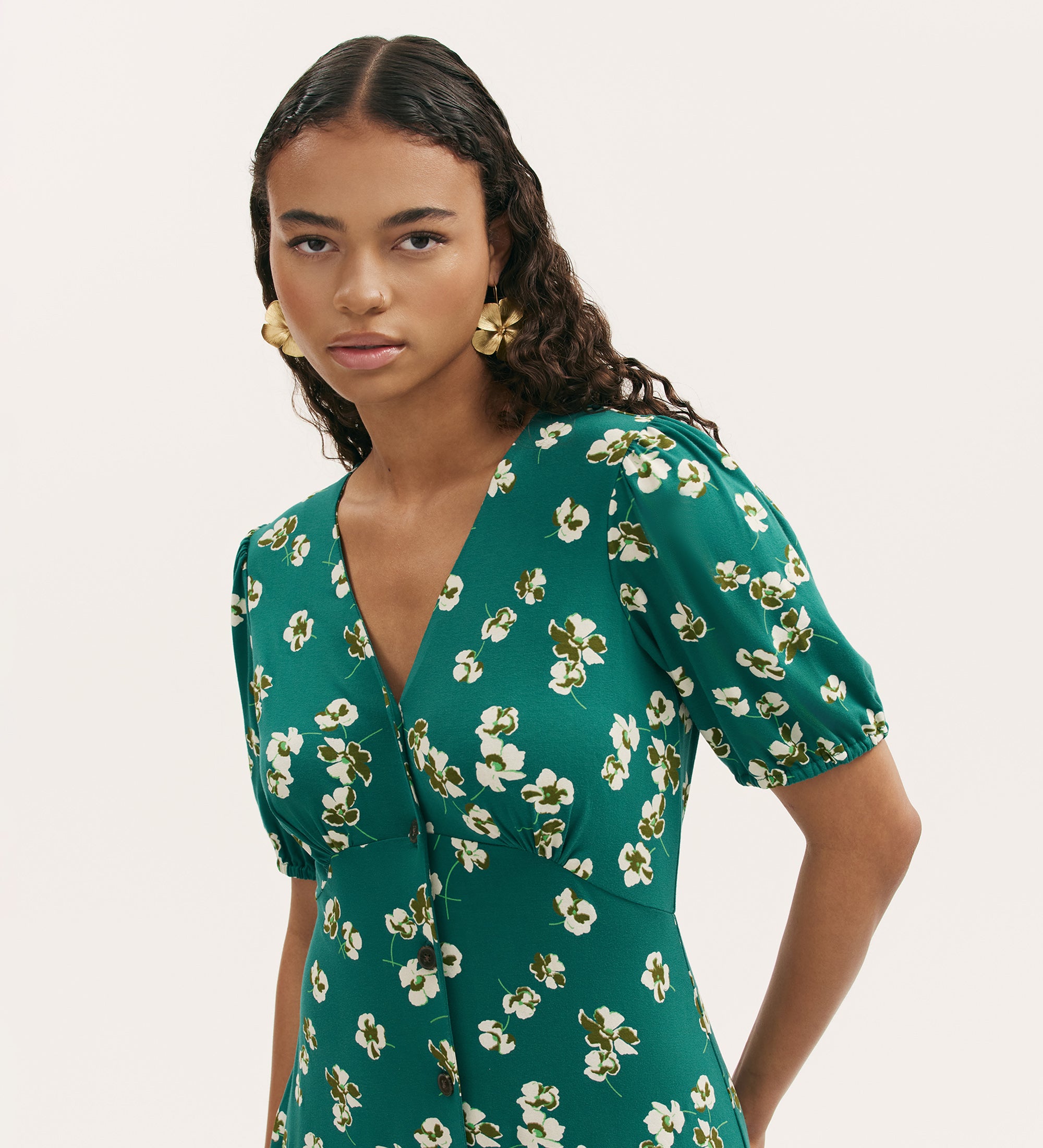 Milena Green Poppies Jersey Midi Dress – Finery London