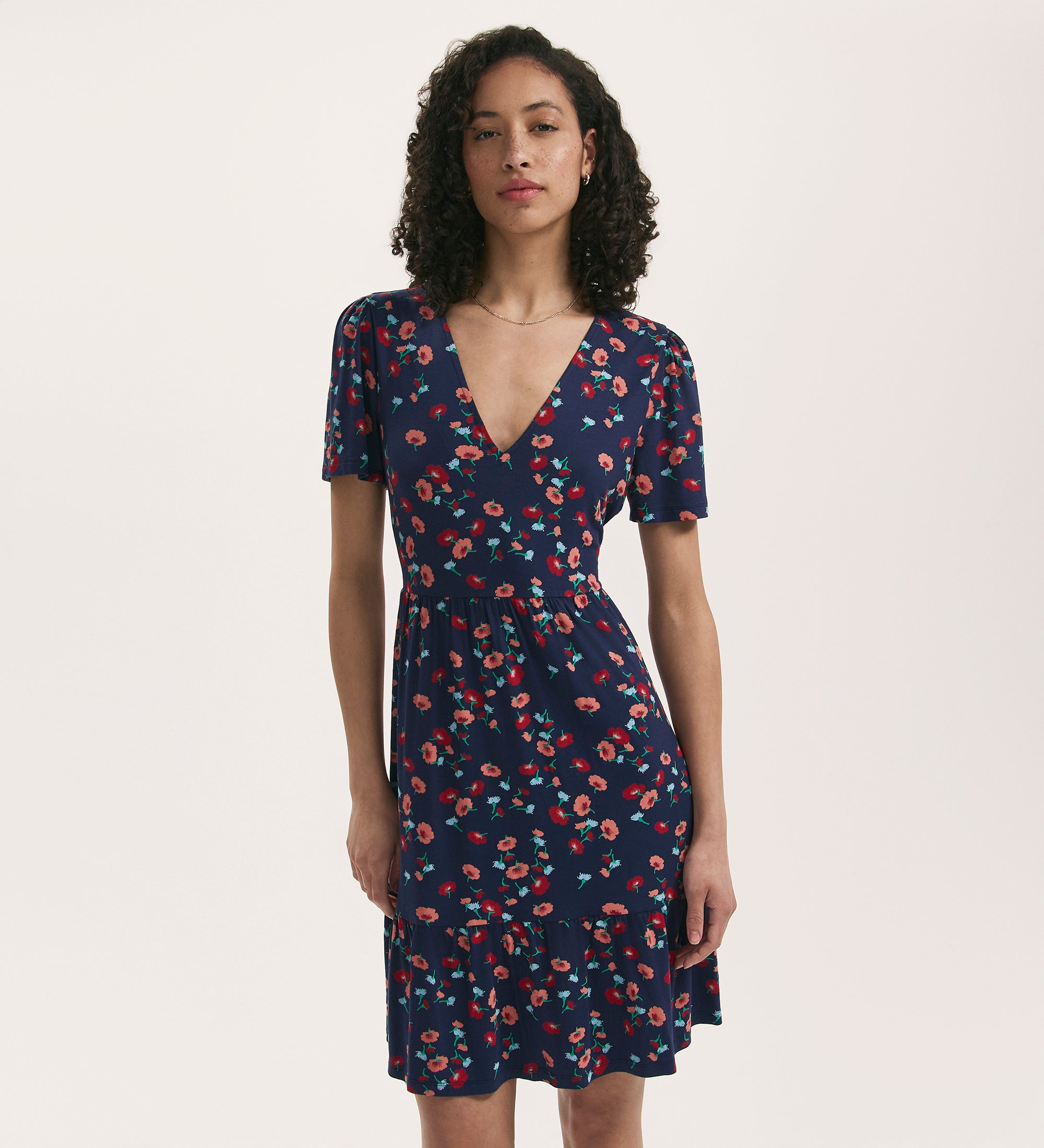 Misha Navy Flower Jersey Short Tiered Dress – Finery London