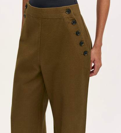 A person wearing Nellie Khaki Canvas Wide Leg Trousers with a high-waisted fit and black buttons along the left hip, shown partially against a plain light background.