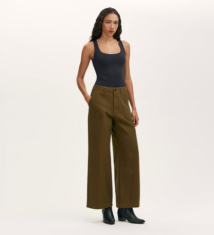 Olive Khaki Canvas Wide Leg Trousers