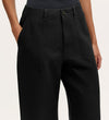 A person wears Olive Black Canvas Wide Leg Trousers featuring a high waist, large front pockets, and button closure, standing hands-in-pockets against a plain background—an effortless, elevated casual look.