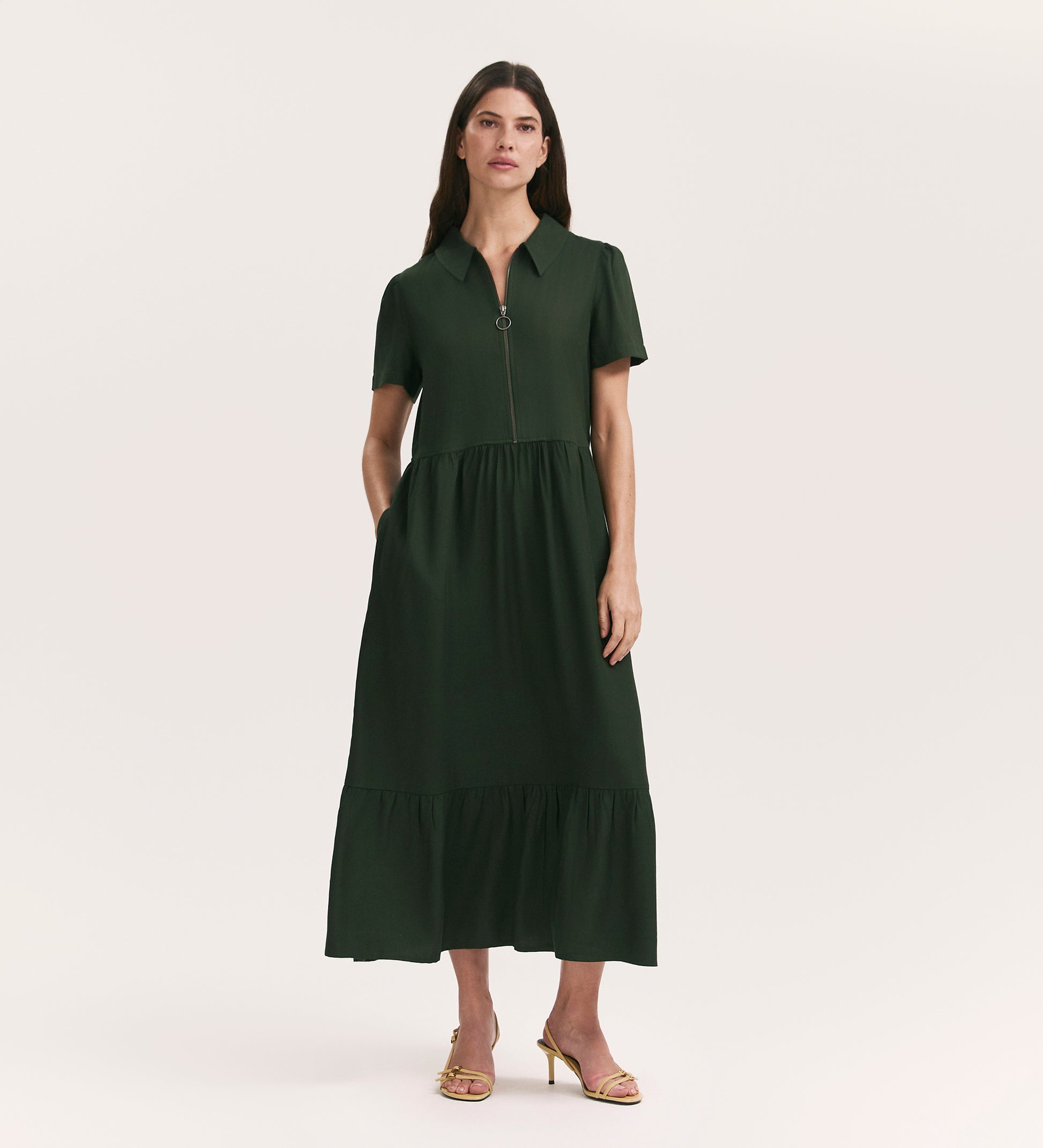 Orion Dark Khaki Zip Front Midi Shirt Dress Finery London Orion Dark Khaki Zip Front Midi Shirt Dress Finery London