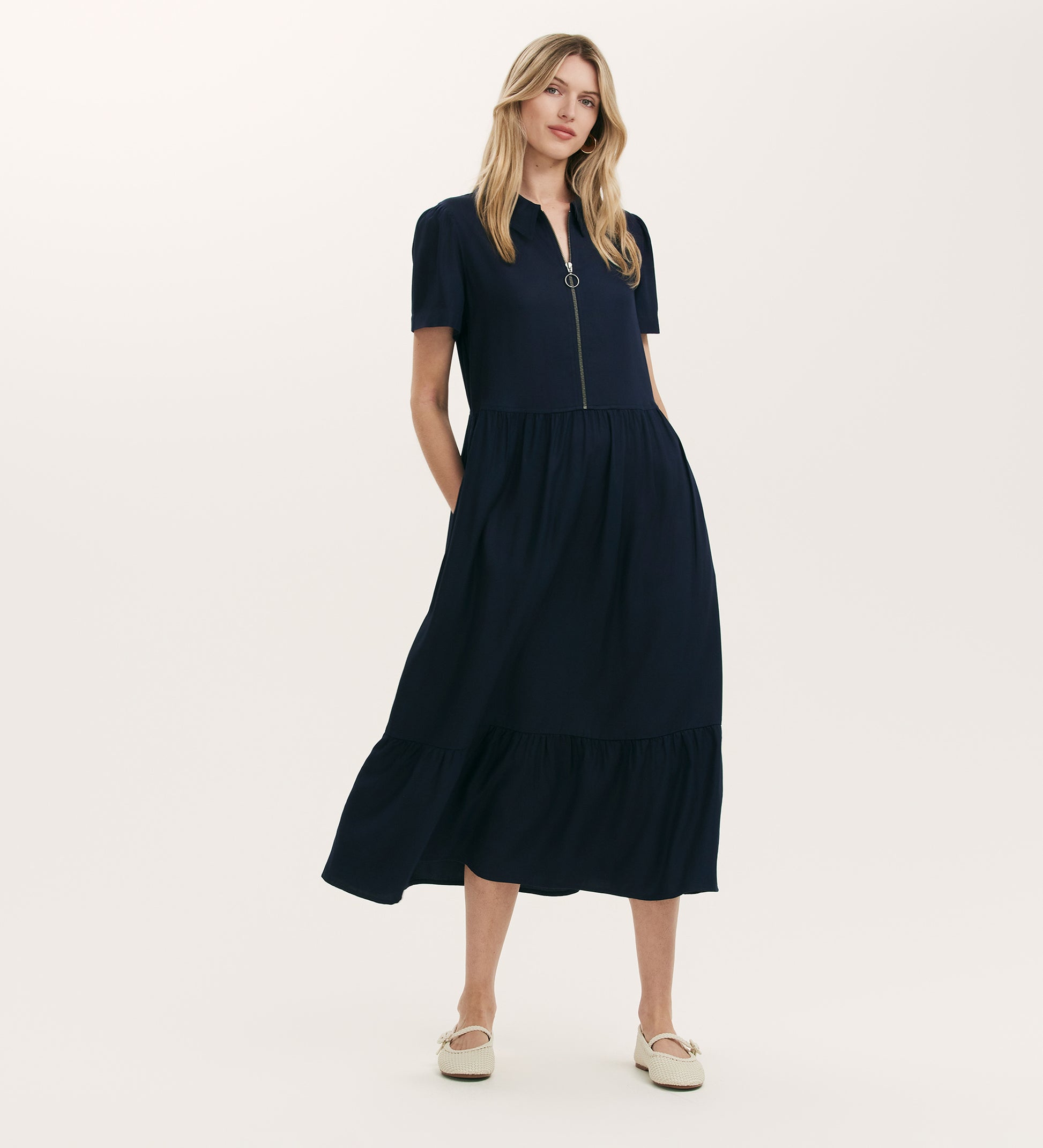 Orion Navy Zip Front Midi Shirt Dress Finery London Orion Navy Zip Front Midi Shirt Dress Finery London