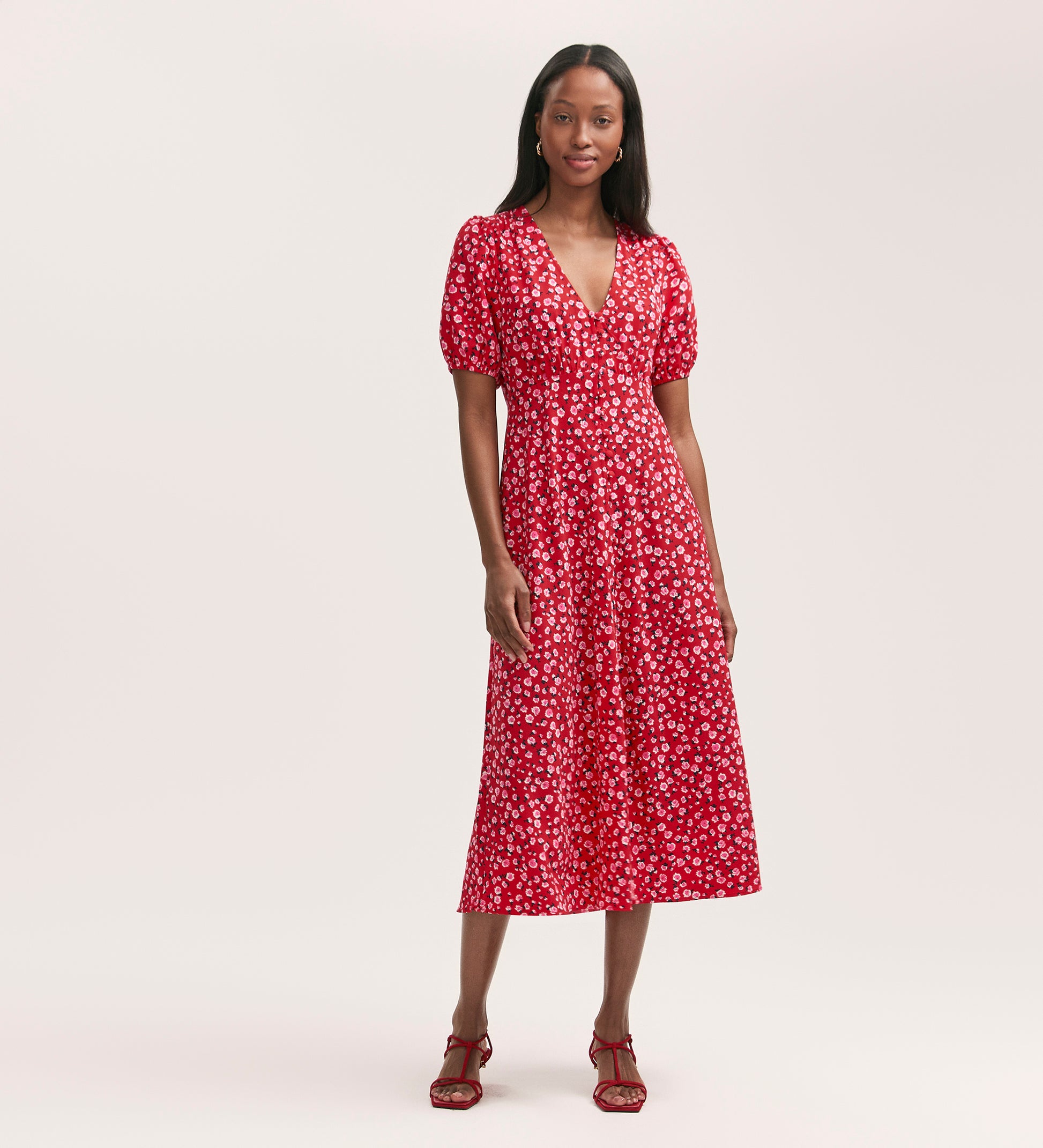 Robyn Red Ditsy Crepe Midi Tea Dress – Finery London