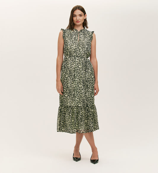 Rosalind Green Leopard Chiffon Sleeveless Midi Dress
