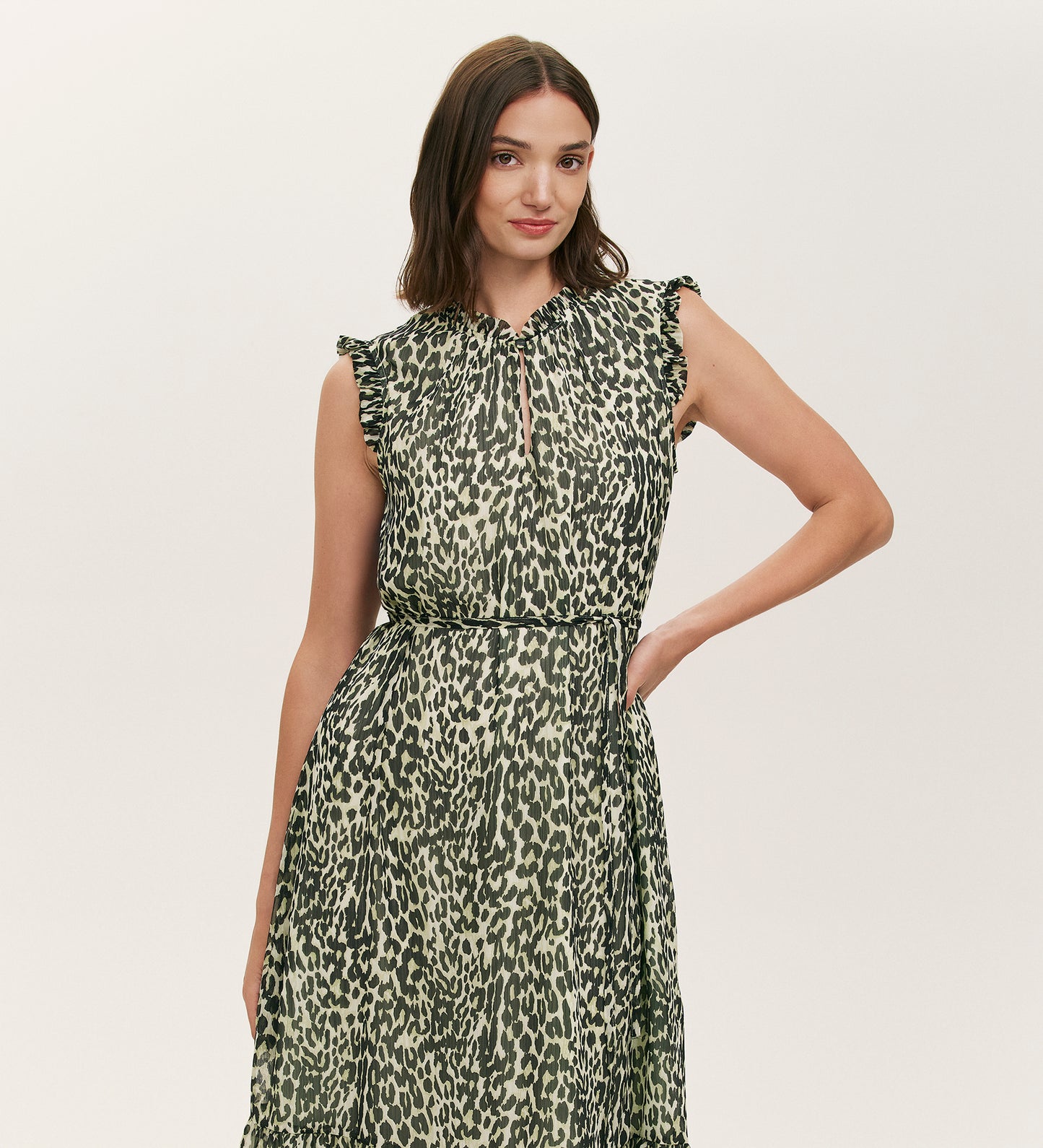 Rosalind Green Leopard Chiffon Sleeveless Midi Dress