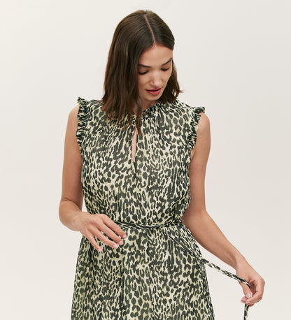 Rosalind Green Leopard Chiffon Sleeveless Midi Dress