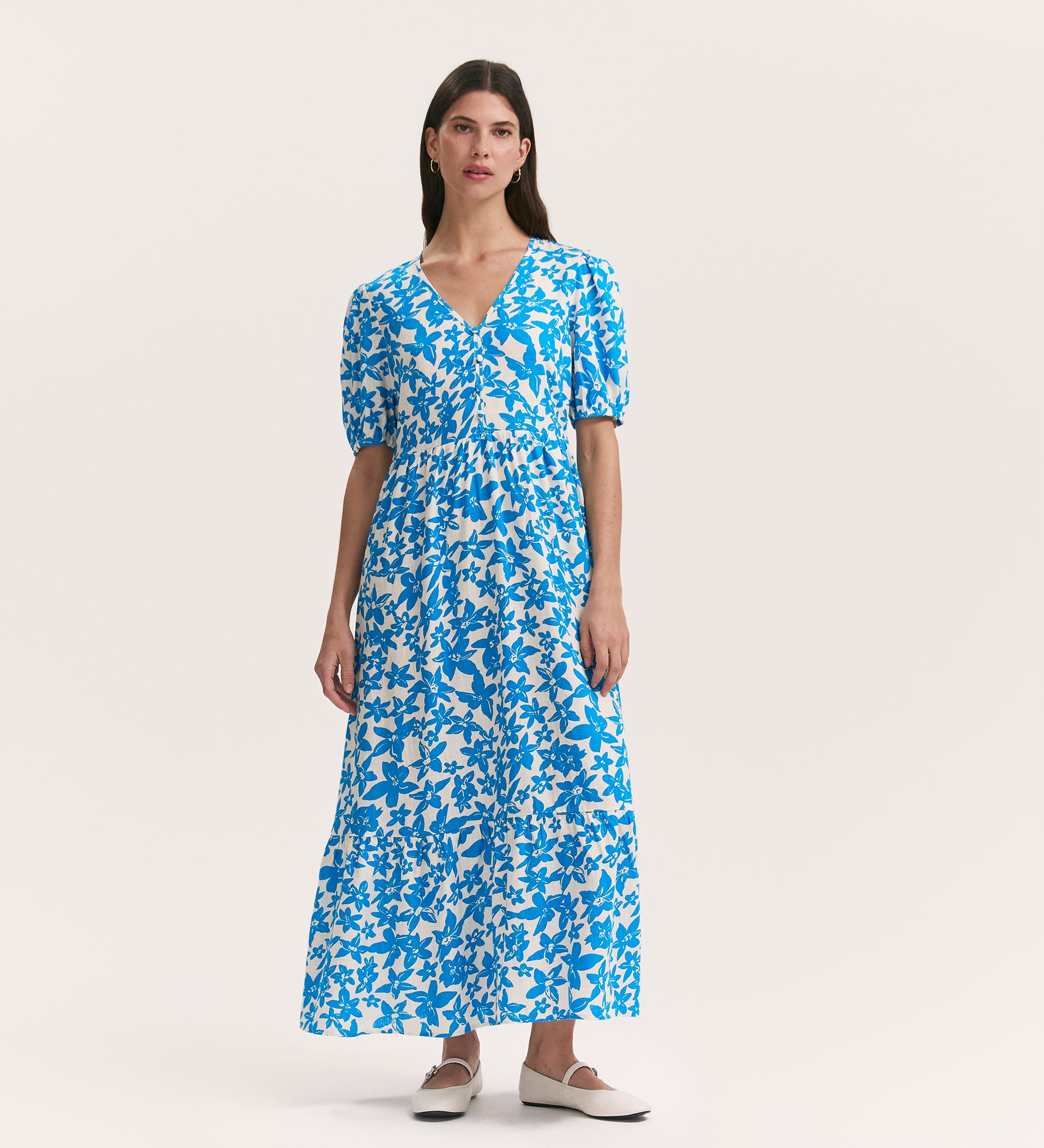 Sabine Blue Flower Linen Blend Midi Tiered Dress Finery London Sabine Blue Flower Linen Blend Midi Tiered Dress Finery London