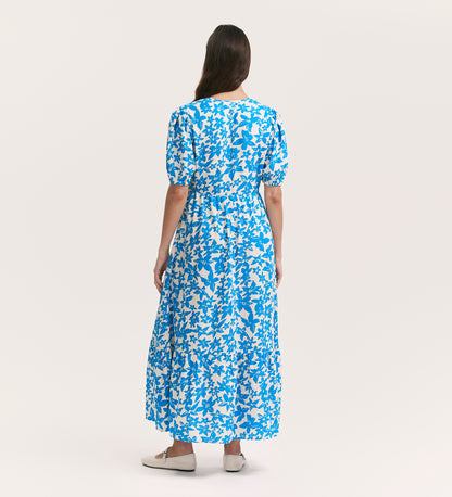 Sabine Blue Flower Linen Blend Midi Tiered Dress – Finery London
