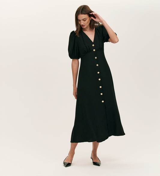 Sarah Black Crepe Button Through Midi Tea Dress