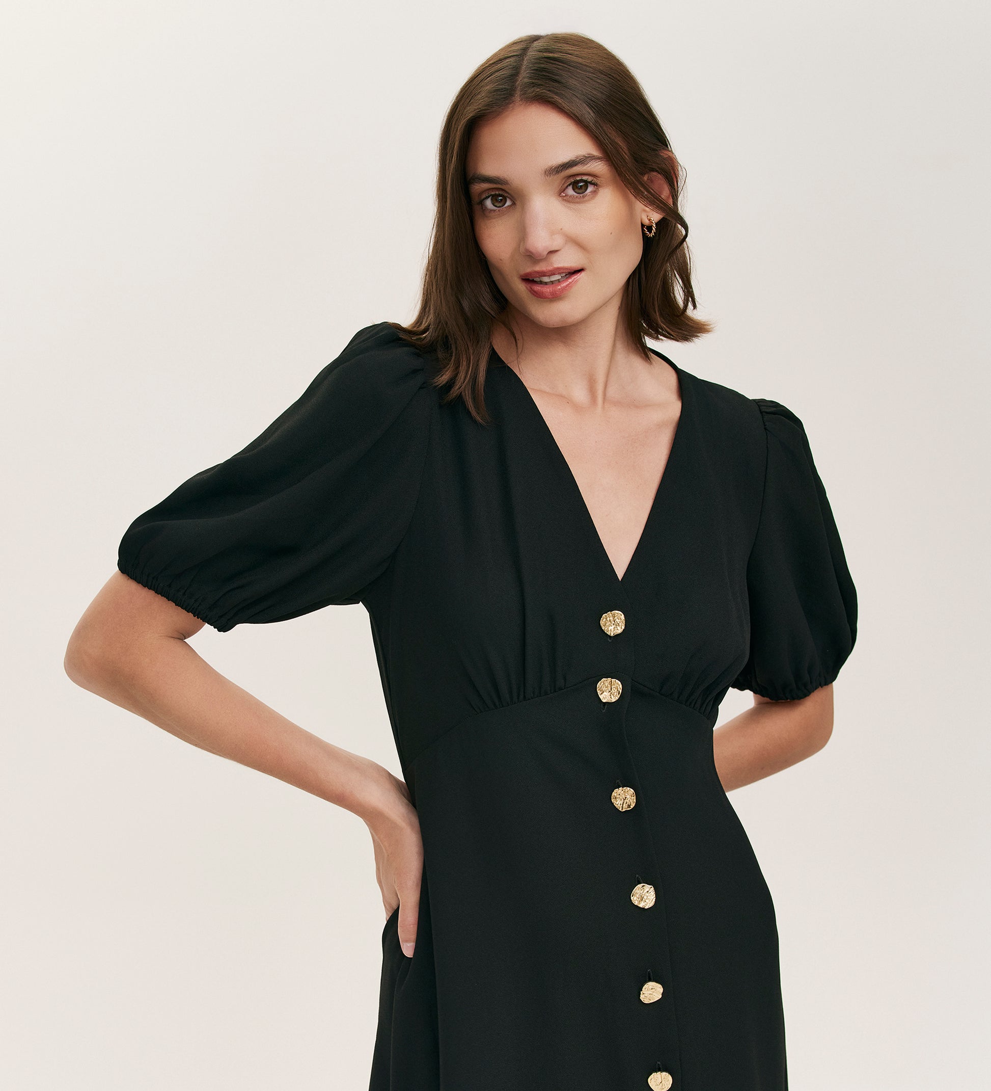 Sarah Black Crepe Button Through Midi Tea Dress | Finery London