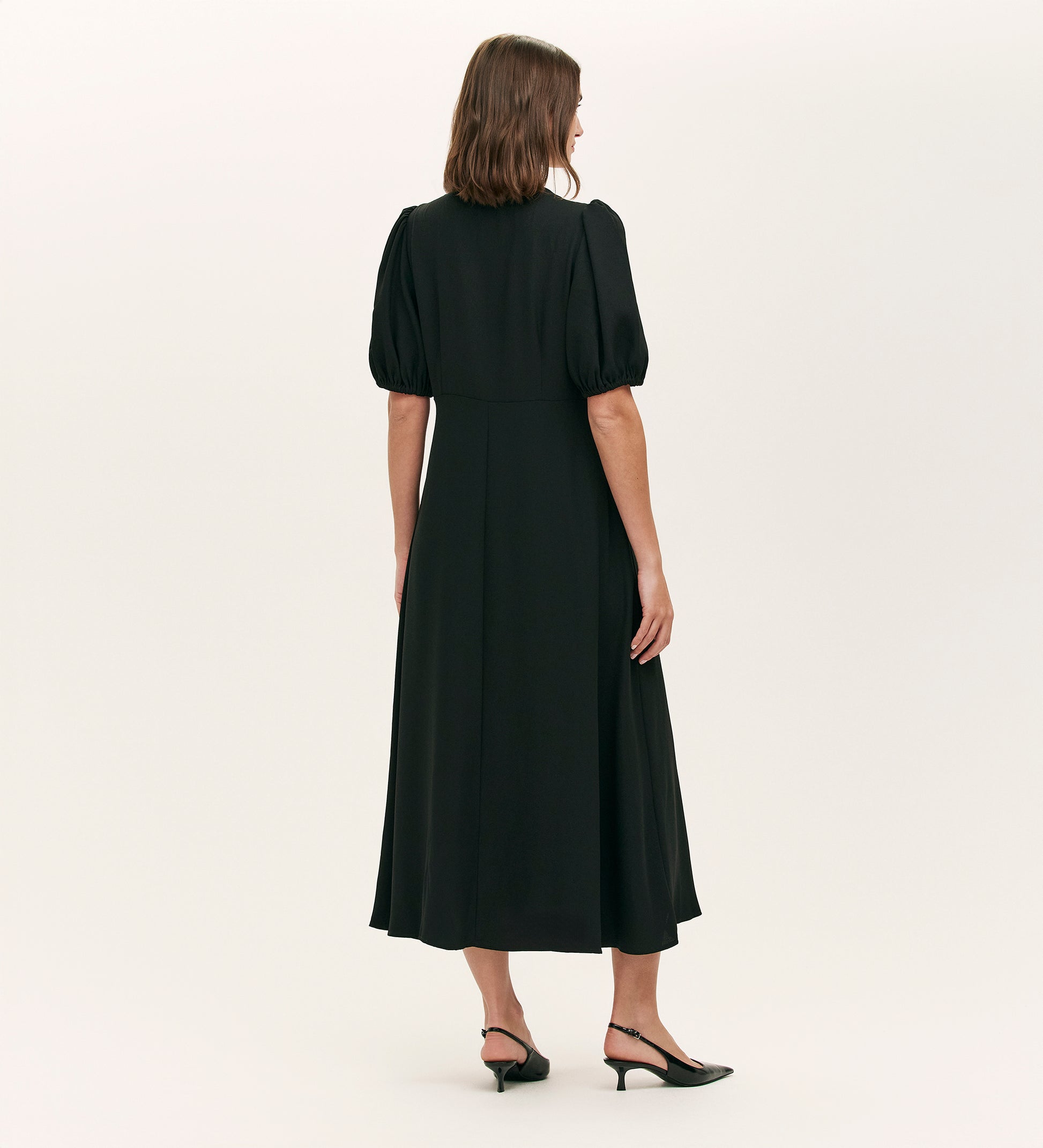 midi tea dress black Sarah Black Crepe Button Through Midi Tea Dress