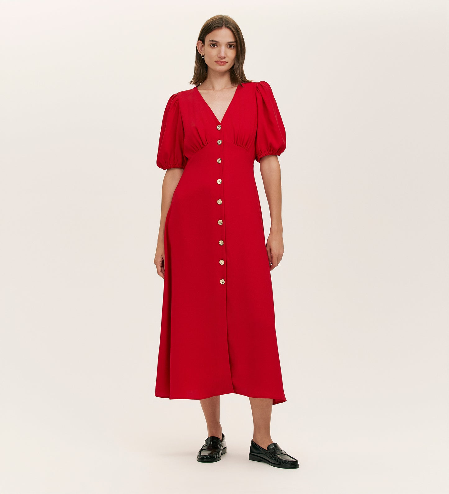 Sarah Red Crepe Button Through Midi Tea Dress