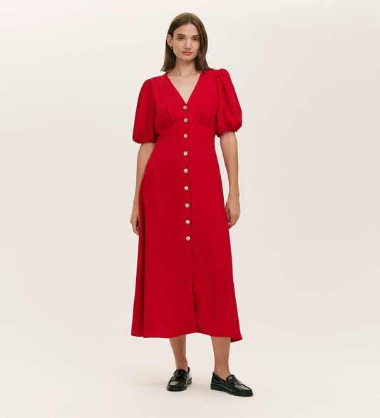 Sarah Red Crepe Button Through Midi Tea Dress