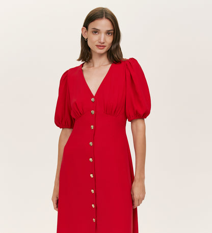 Sarah Red Crepe Button Through Midi Tea Dress