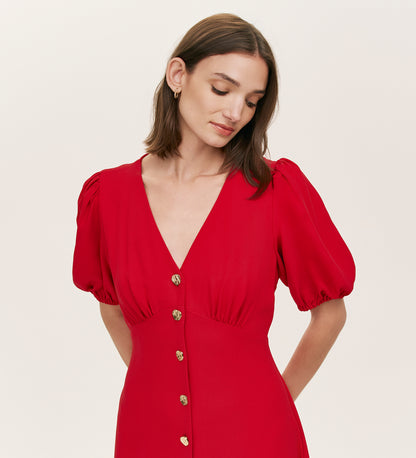 Sarah Red Crepe Button Through Midi Tea Dress