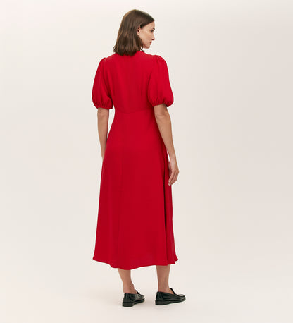 Sarah Red Crepe Button Through Midi Tea Dress