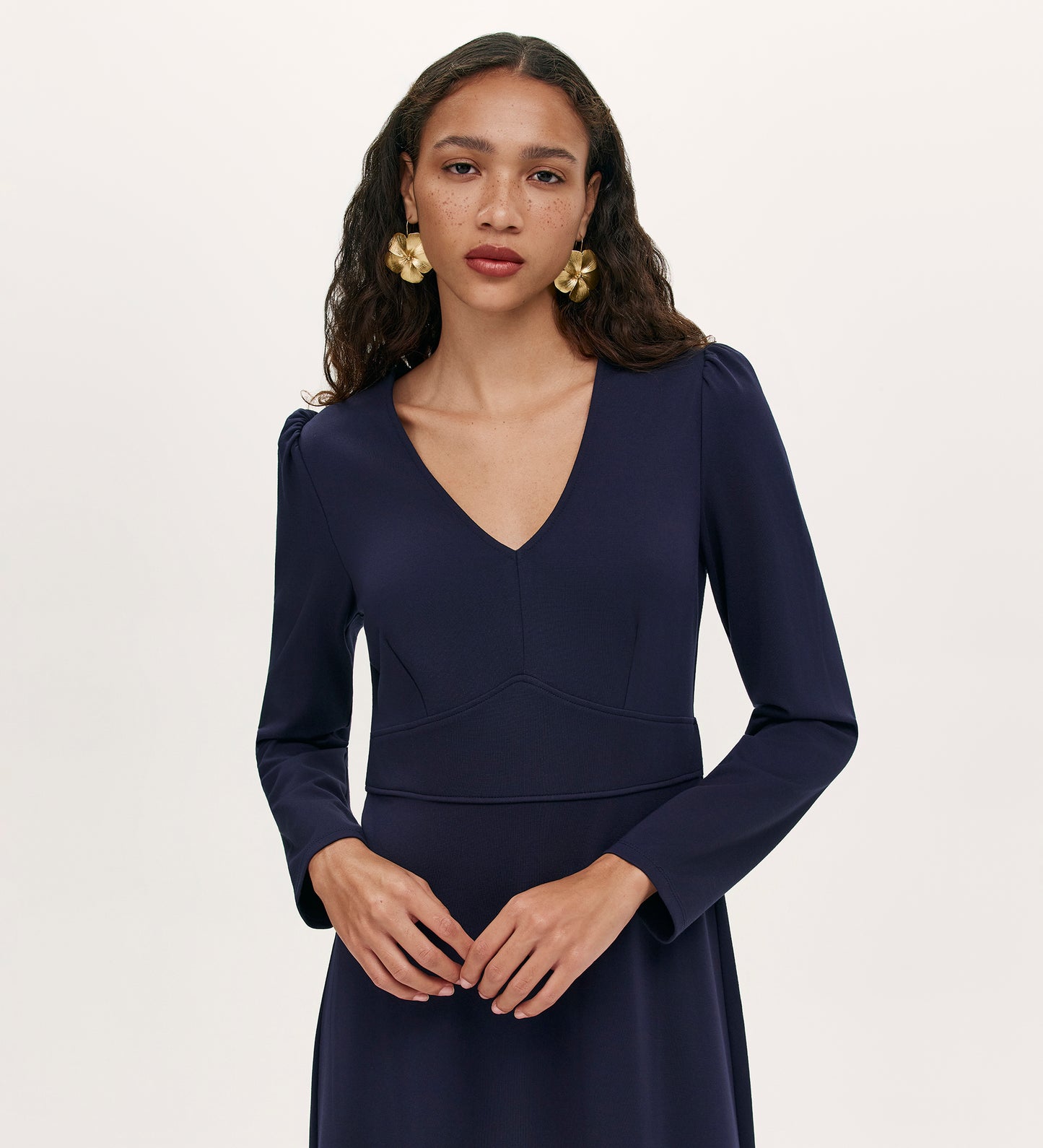 Seraphina Navy Ponte Jersey Long Sleeve Midi Dress