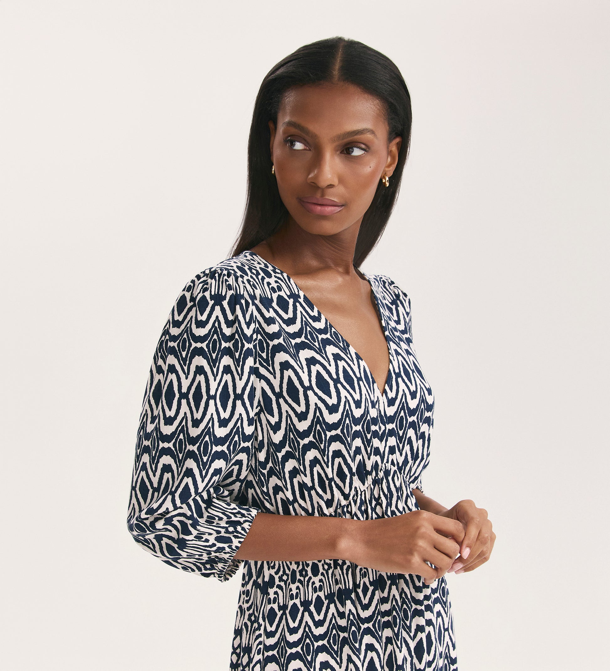 patterned smock dress Serena Navy Tribal Midi Smock Dress – Finery London