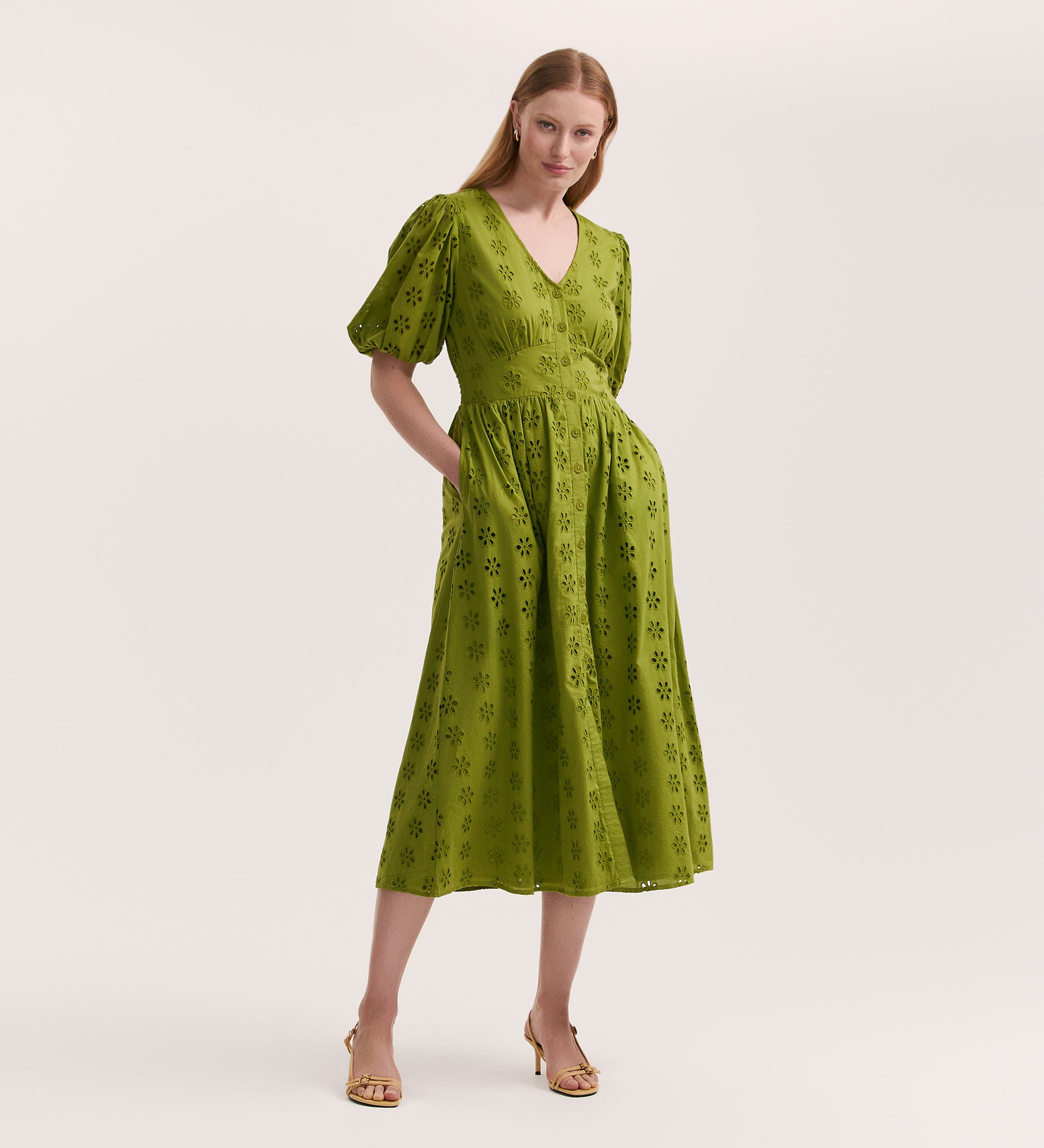 Una Embroidered Cotton Light Green Midi Tea Dress – Finery London