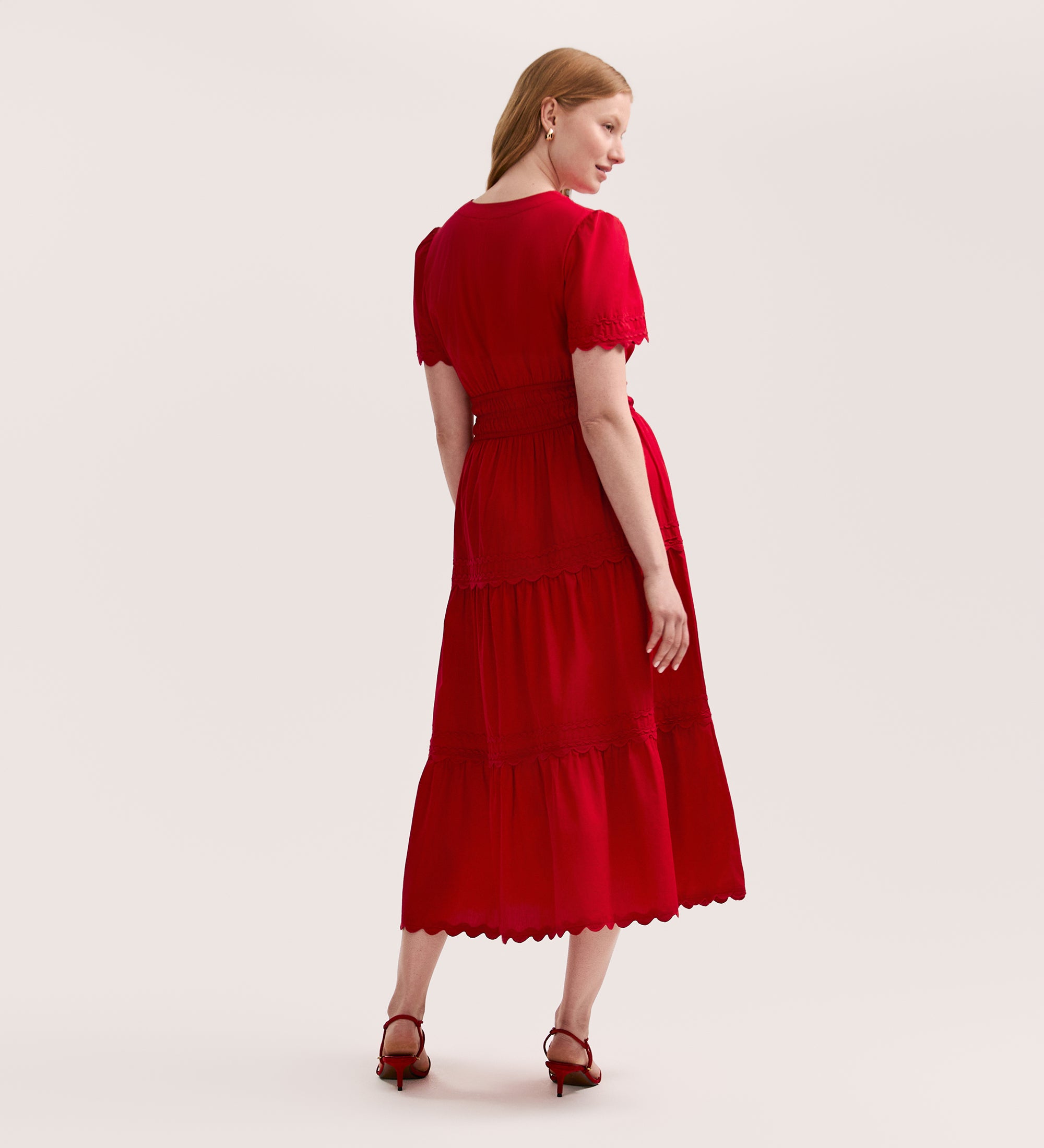 Red Cotton Dobby Solid Tiered Western Dress