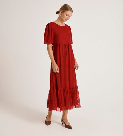 Yasmine Red Mesh Midi Tea Dress