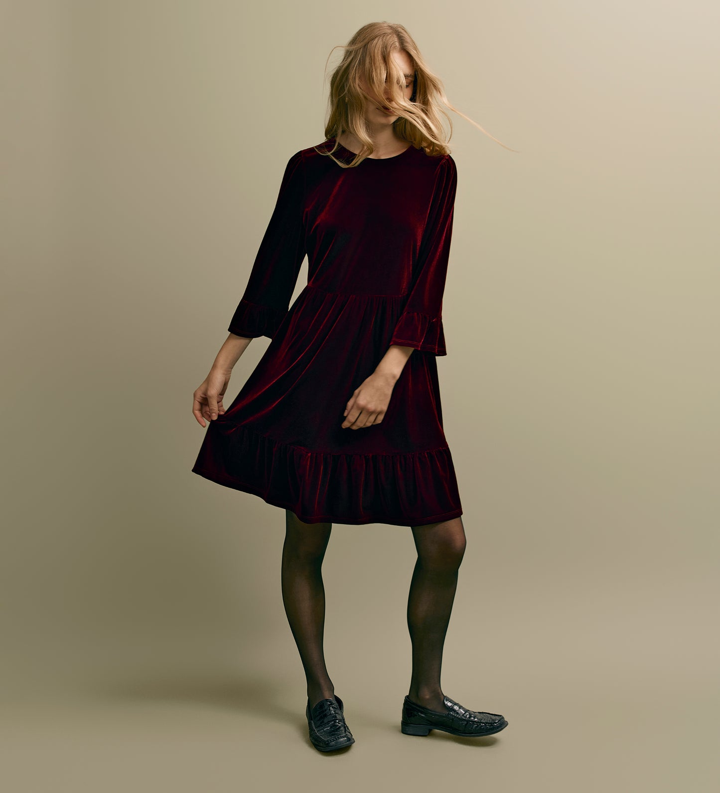 Camie Burgundy Velvet Short Tiered Dress