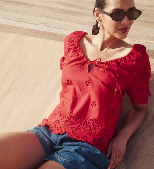 Ruthie Red Floral Broderie Cotton Tie Neck Top