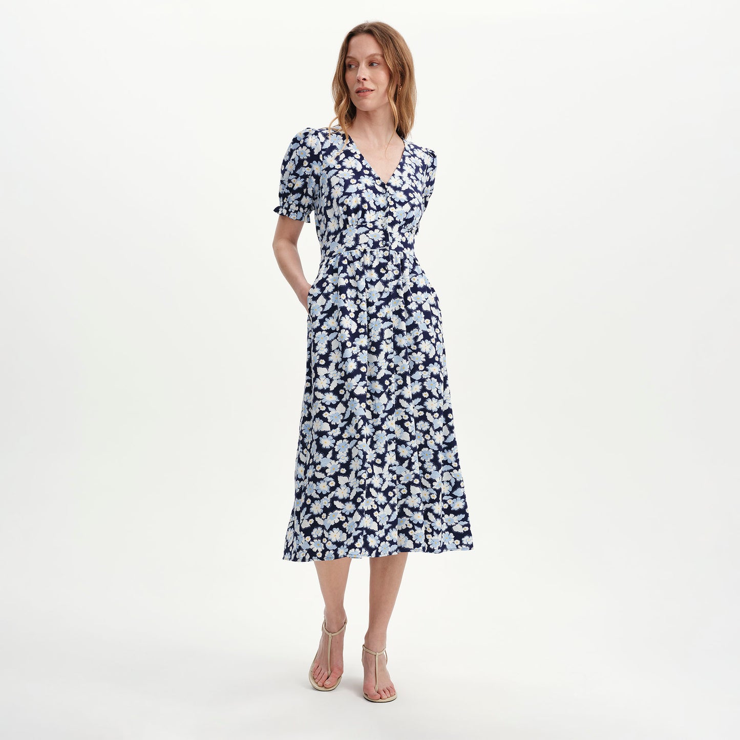 Samantha Blue Flowers Button Through Midi Dress