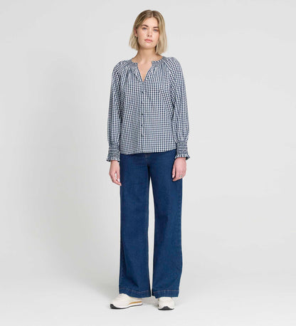 Sandy Navy Cotton Gingham Long Sleeve Shirred Collar Blouse