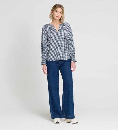 Sandy Navy Cotton Gingham Long Sleeve Shirred Collar Blouse