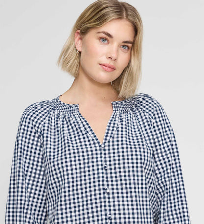 Sandy Navy Cotton Gingham Long Sleeve Shirred Collar Blouse