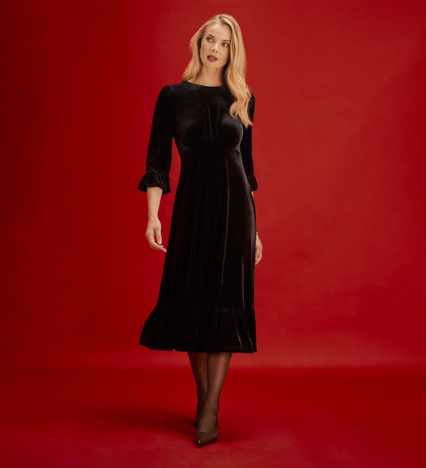 Scarlett Black Velvet Ruffle Cuff Tiered Midi Dress